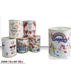 SALVADANAIO LATTA MISURA GRANDE MONETE BANCONOTE APERTURA DISEGNI MISTI 13x20 CM