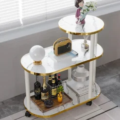 SCAFFALE MULTISTRATO IN LEGNO A 3 LIVELLI TAVOLINO IN MARMO CON RUOTE PER CAMERA SOGGIORNO