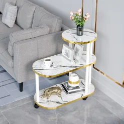 SCAFFALE MULTISTRATO IN LEGNO A 3 LIVELLI TAVOLINO IN MARMO CON RUOTE PER CAMERA SOGGIORNO