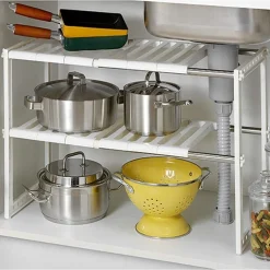SCAFFALE STOVIGLIE ESTENSIBILE 50-70CM ORGANIZER SOTTOLAVELLO PORTAOGGETTI MENSOLA 2 PIANI