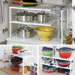 SCAFFALE STOVIGLIE ESTENSIBILE 50-70CM ORGANIZER SOTTOLAVELLO PORTAOGGETTI MENSOLA 2 PIANI