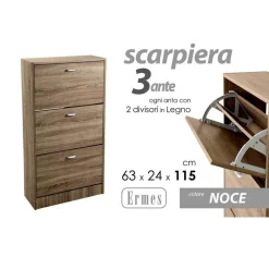 SCARPIERA 3 ANTE SALVASPAZIO SLIM PORTA SCARPE INGRESSO NOCE 115X63X24CM 827631