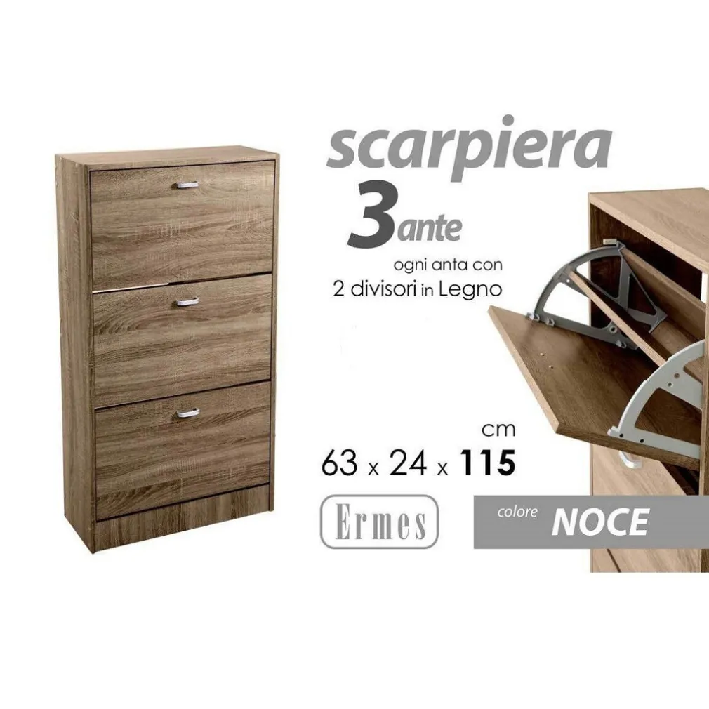 SCARPIERA 3 ANTE SALVASPAZIO SLIM PORTA SCARPE INGRESSO NOCE 115X63X24CM 827631
