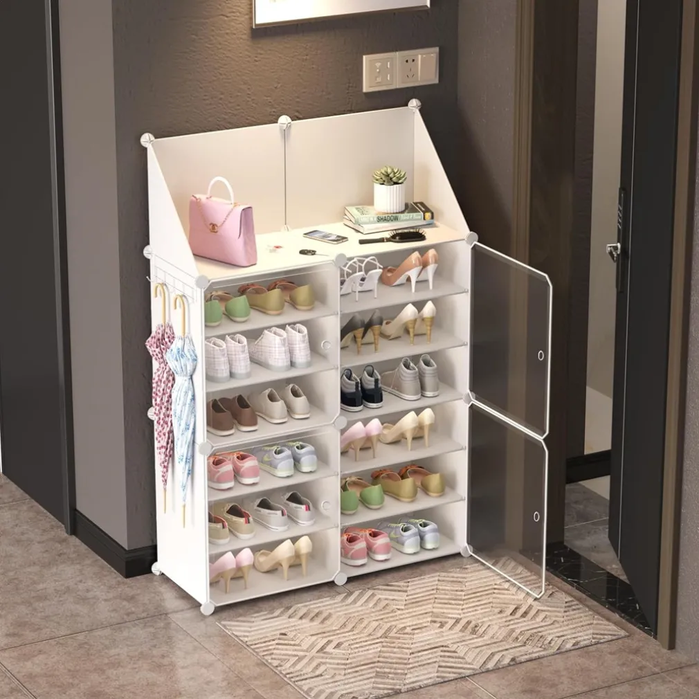 SCARPIERA 6 LIVELLI PORTASCARPE IMPILABILE STACCABILE PORTE TRASPARENTI PORTAOGGETTI GANCI