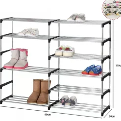 SCARPIERA DOPPIO SCAFFALE MULTIUSO 6 RIPIANI IN METALLO IMPILABILE 110X30X90CM