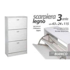SCARPIERA LEGNO 3 ANTE BIANCO LEGNO 63 X 24 X 115 CM 715617 SCARPE