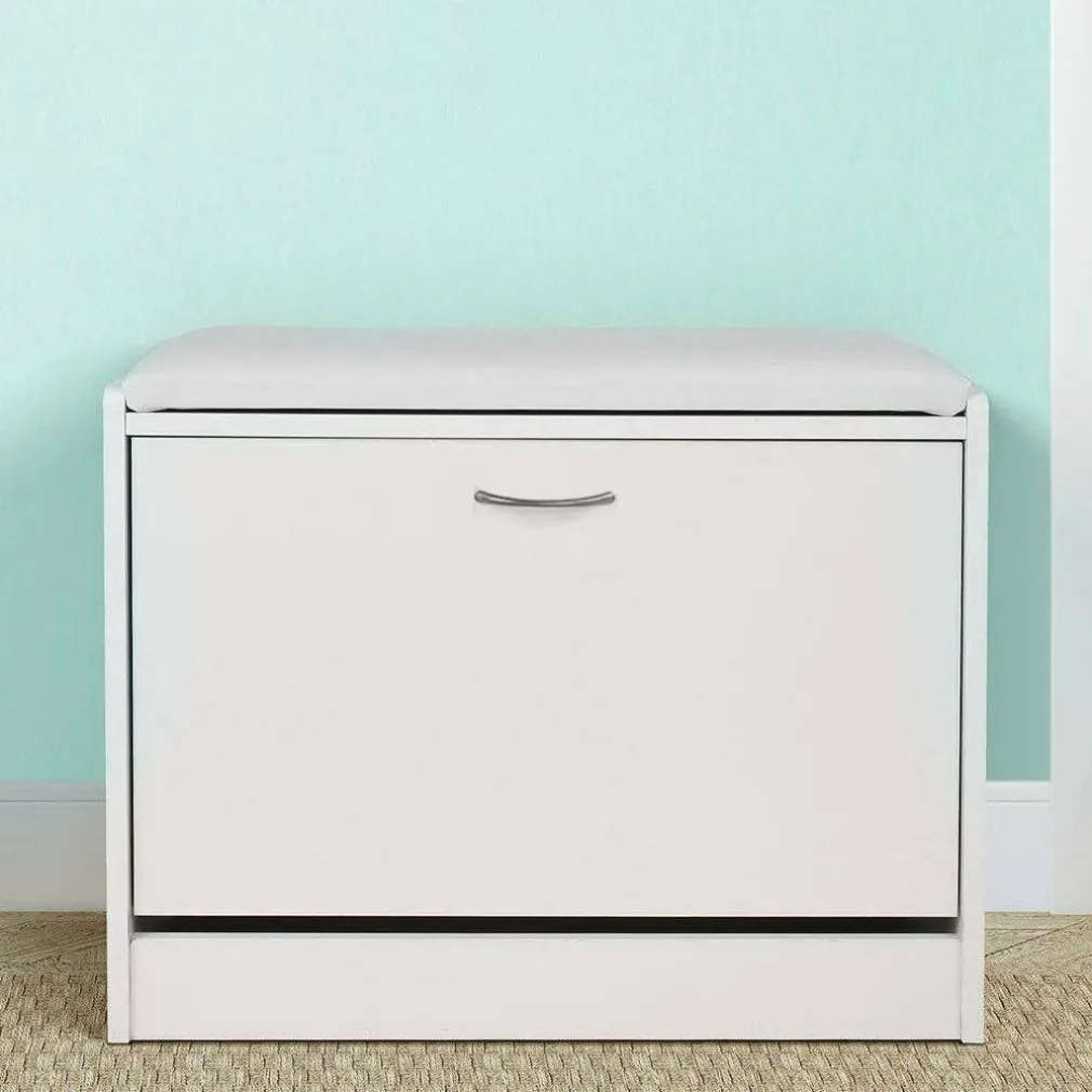 SCARPIERA PANCA 1 ANTA TRIPLA PROFONDITA CON SEDUTA ECO PELLE BIANCO 60X30X48 CM