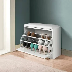 SCARPIERA PANCA 1 ANTA TRIPLA PROFONDITA CON SEDUTA ECO PELLE BIANCO 60X30X48 CM