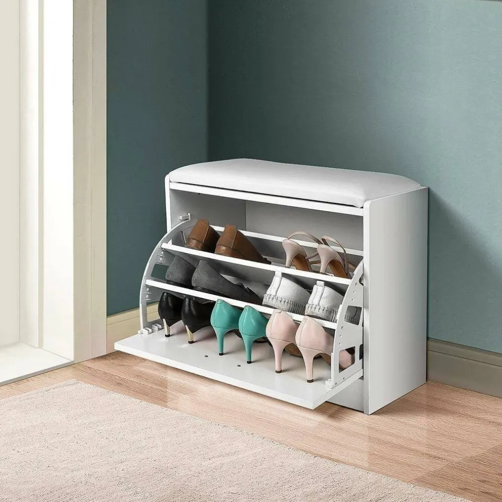 SCARPIERA PANCA 1 ANTA TRIPLA PROFONDITA CON SEDUTA ECO PELLE BIANCO 60X30X48 CM