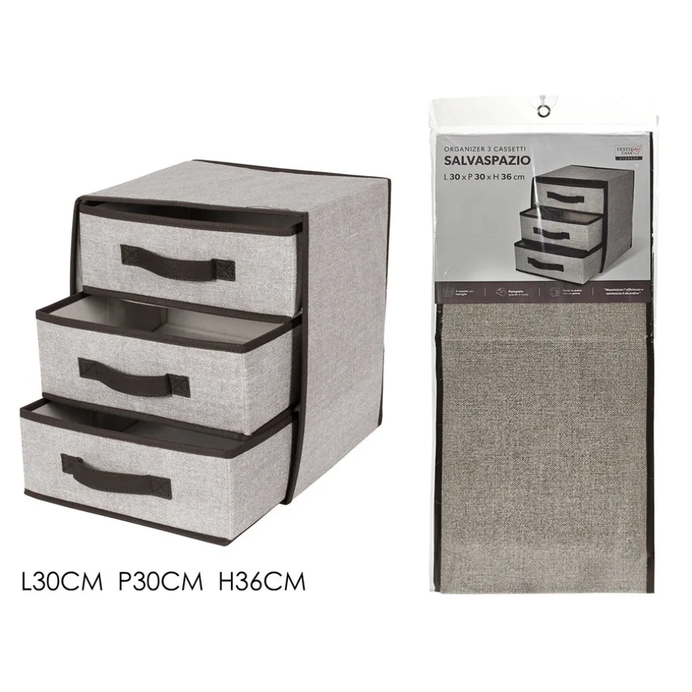 SCATOLA CONTENITORE CASSETTIERA IN TNT A 3 CASSETTI SALVASPAZIO PIEGHEVOLE 30X36