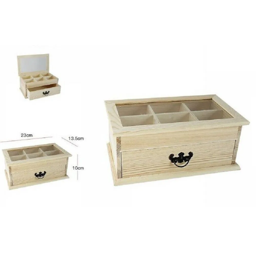 SCATOLA PORTAGIOIE IN LEGNO CON BACHECA 6 POSTI VETRINA E CASSETTO DECOUPAGE