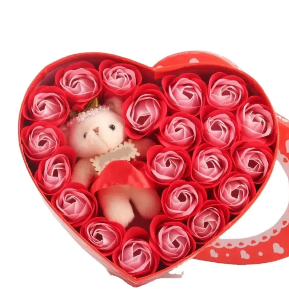 SCATOLA REGALO A FORMA DI CUORE CON ORSETTO E ROSE PER SAN VALENTINO ANNIVERSARI