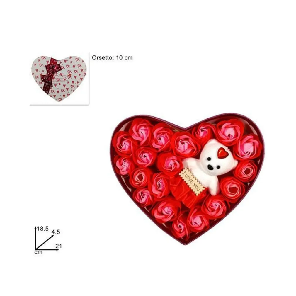 SCATOLA REGALO A FORMA DI CUORE CON ORSETTO E ROSE PER SAN VALENTINO ANNIVERSARI