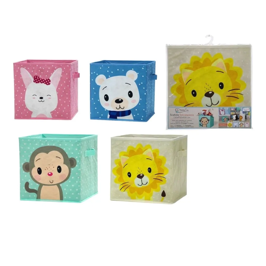 SCATOLA SALVASPAZIO CESTA PORTAGIOCHI CESTINI ORGANIZER CAMERETTA BAMBINI ANIMALI 30X30CM