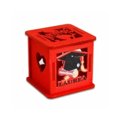 SCATOLINA CUBO IN LEGNO ROSSO CON COPERCHIO PORTA CONFETTI BOMBONIERA PER LAUREA
