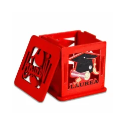 SCATOLINA CUBO IN LEGNO ROSSO CON COPERCHIO PORTA CONFETTI BOMBONIERA PER LAUREA