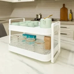 SCOLAPIATTI MENSOLA CON 2 RIPIANI IMPILABILI ORGANIZER IN METALLO CON VASSOIO DRENAGGIO