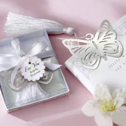 SEGNALIBRO FARFALLA CON NAPPA BIANCA SCATOLA SEGNAPOSTO METALLO BOMBONIERA WEDDING