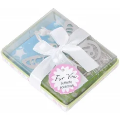 SEGNALIBRO FARFALLA CON NAPPA BIANCA SCATOLA SEGNAPOSTO METALLO BOMBONIERA WEDDING