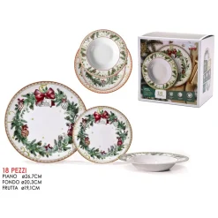 SERVIZIO DI PIATTI IN PORCELLANA 18PZ DECORO NATALIZIO GHIRLANDE AGRIFOGLIO FIOCCHI ROSSI
