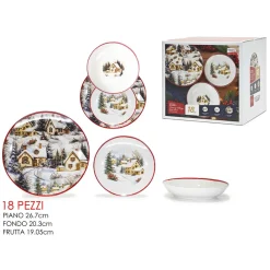 SERVIZIO PIATTI TAVOLA NATALIZIO IN PORCELLANA 18PZ DECORO PAESAGGIO INVERNALE BORDO ROSSO