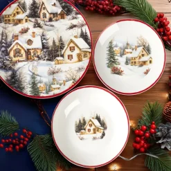 SERVIZIO PIATTI TAVOLA NATALIZIO IN PORCELLANA 18PZ DECORO PAESAGGIO INVERNALE BORDO ROSSO