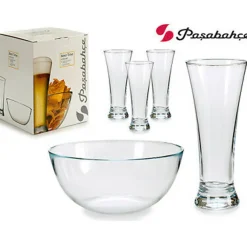 SERVIZIO SET 5 PEZZI CIOTOLA VETRO 22 CM + 4 BICCHIERI BIRRA PUB APERITIVO BAR