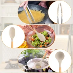 SET 12 ATTREZZI CUCINA IN SILICONE ANTIADERENTE CON PORTA UTENSILI MANICO IN LEGNO