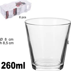 SET 6 BICCHIERI TRASPARENTI 260ML IN VETRO DA TAVOLA ACQUA DIAMETRO 8CM H 8,5CM