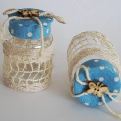 SET 12 BOMBONIERA BOMBONIERE BARATTOLO AZZURRO POIS 4X6.5CM PORTACONFETTI