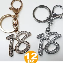 SET 12 BOMBONIERA ORO ARGENTO BRILLANTINI 18 ANNI COMPLEANNO PORTACHIAVI CHIAVE
