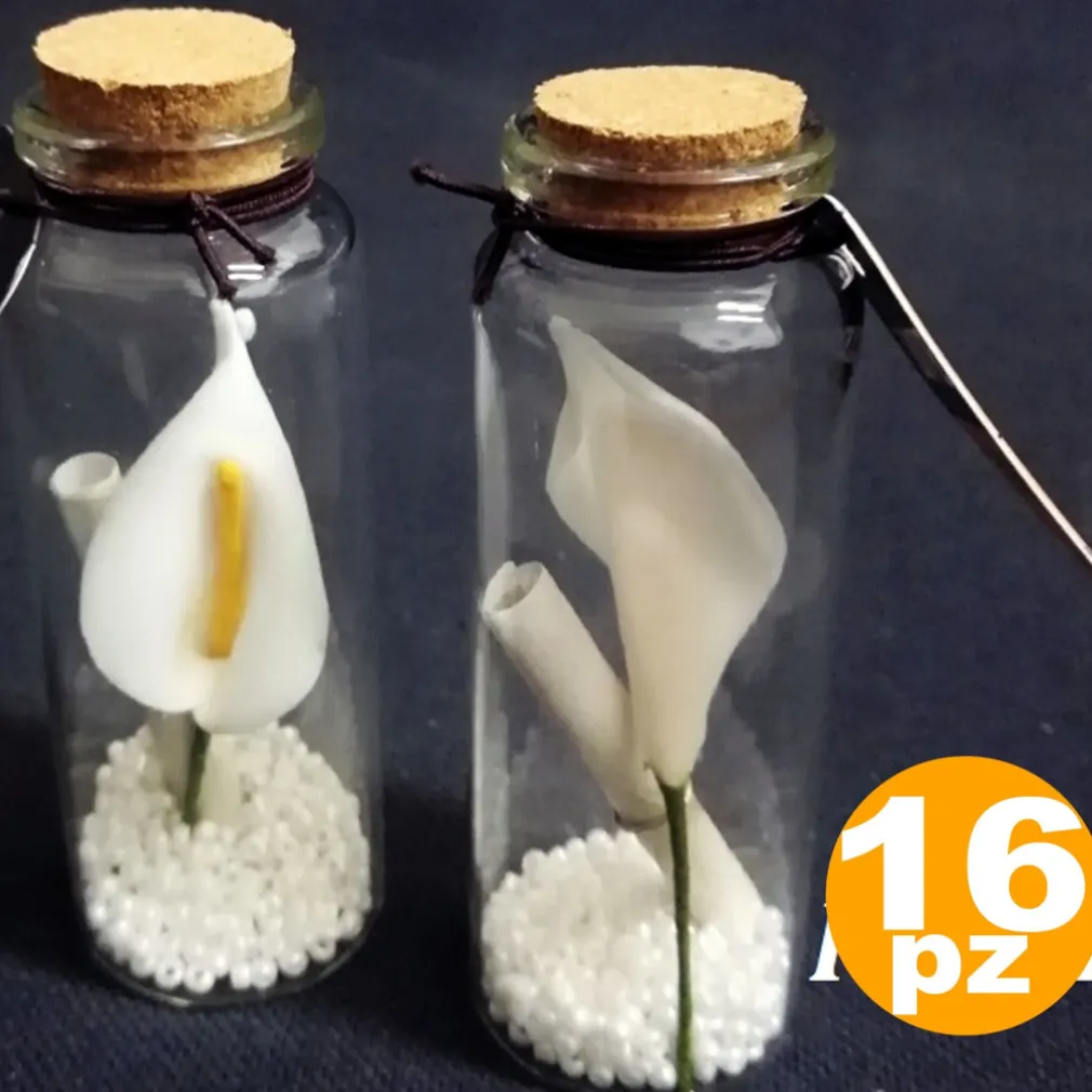 SET 16 BOMBONIERE AMPOLLA FIORE CORALLINI PERGAMENA TAPPO SUGHERO PORTA CONFETTI