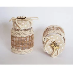 SET 12 BOMBONIERE BARATTOLO BEIGE POIS 4X6.5CM PLASTICA RETE FARFALLA PORTACONFETTI