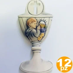 SET 12 BOMBONIERE COMUNIONE BAMBINO CALICE EUCARESTIA BIANCO CERAMICA APPENDINO