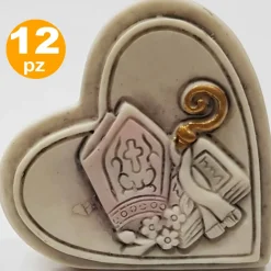 SET 12 BOMBONIERE CUORE CRESIMA SACRAMENTO MITRIA BIANCO CERAMICA SOPRAMMOBILE