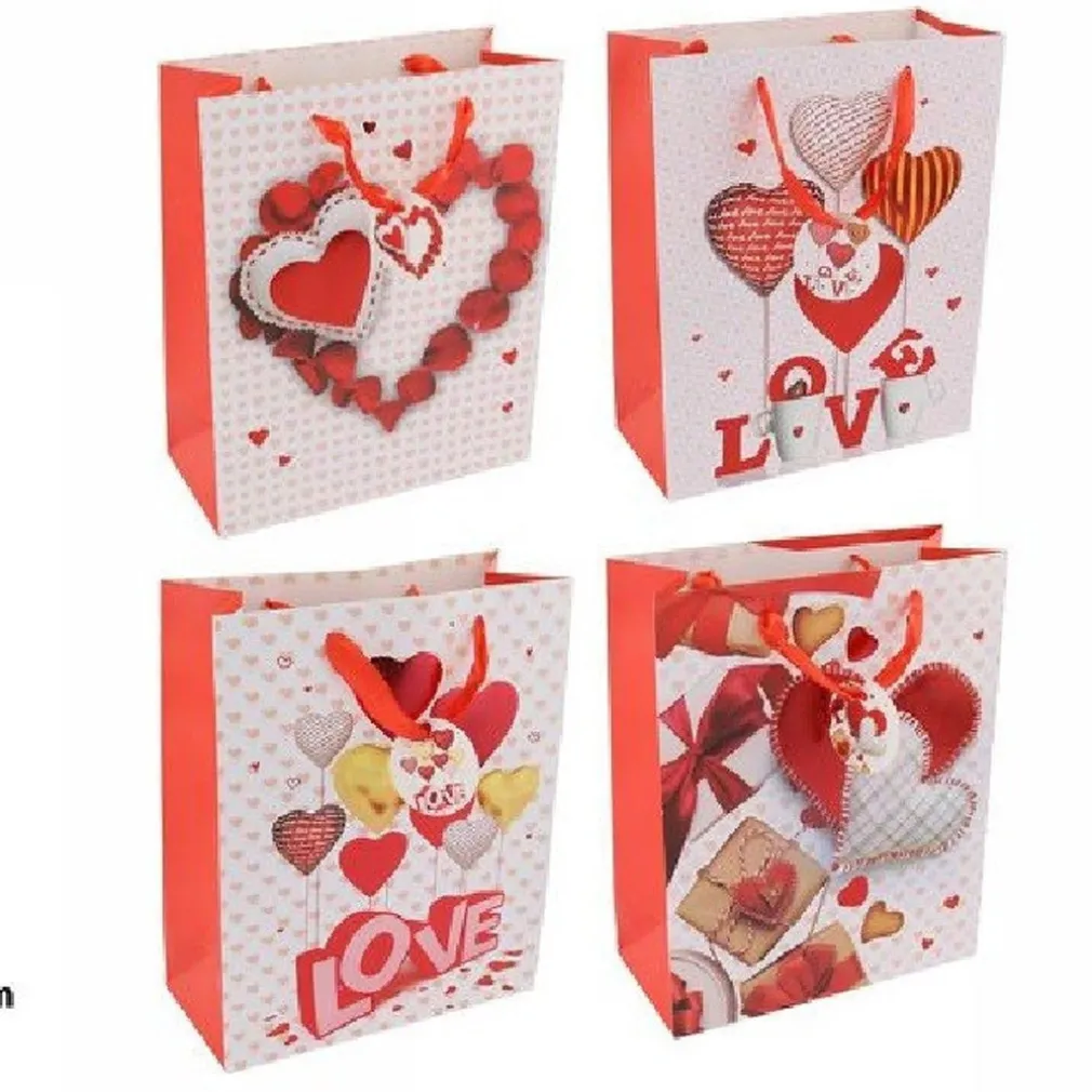 SET 6 BUSTE BORSA REGALO CUORI LOVE SAN VALENTINO 26X32X12CM 69879 VARIE FANTASIE
