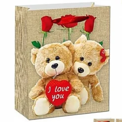 SET 6 BUSTE REGALO SAN VALENTINO BUSTA 10.5X26X32CM 63988 VARIE STAMPE ORSO CUORE