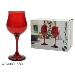 SET 6 CALICI VINO ROSSO 37 CL FORMA TULIPANO VETRO ROSSO FESTIVO PER BRINDISI NATALE