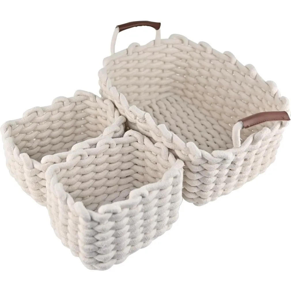SET 3 CESTINI INTRECCIATI IN CORDA CESTO PORTAOGGETTI ORGANIZZA DECORA CASA 10634