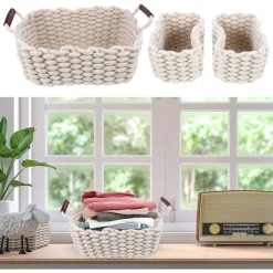 SET 3 CESTINI INTRECCIATI IN CORDA CESTO PORTAOGGETTI ORGANIZZA DECORA CASA 10634