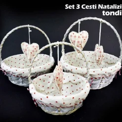 SET 3 CESTINI NATALIZI TONDI IN VIMINI E TESSUTO DIAMETRO 38/33/28 CM GRIGIO