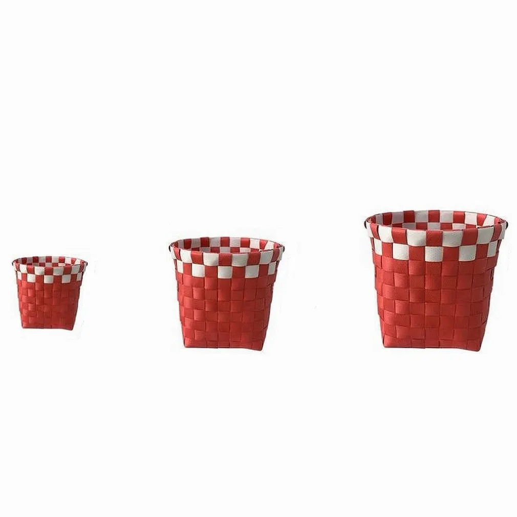 SET 3 CESTINI PORTA OGGETTI ORGANIZER TESSUTO BAGNO ROTONDI ROSSO BIANCO 59077