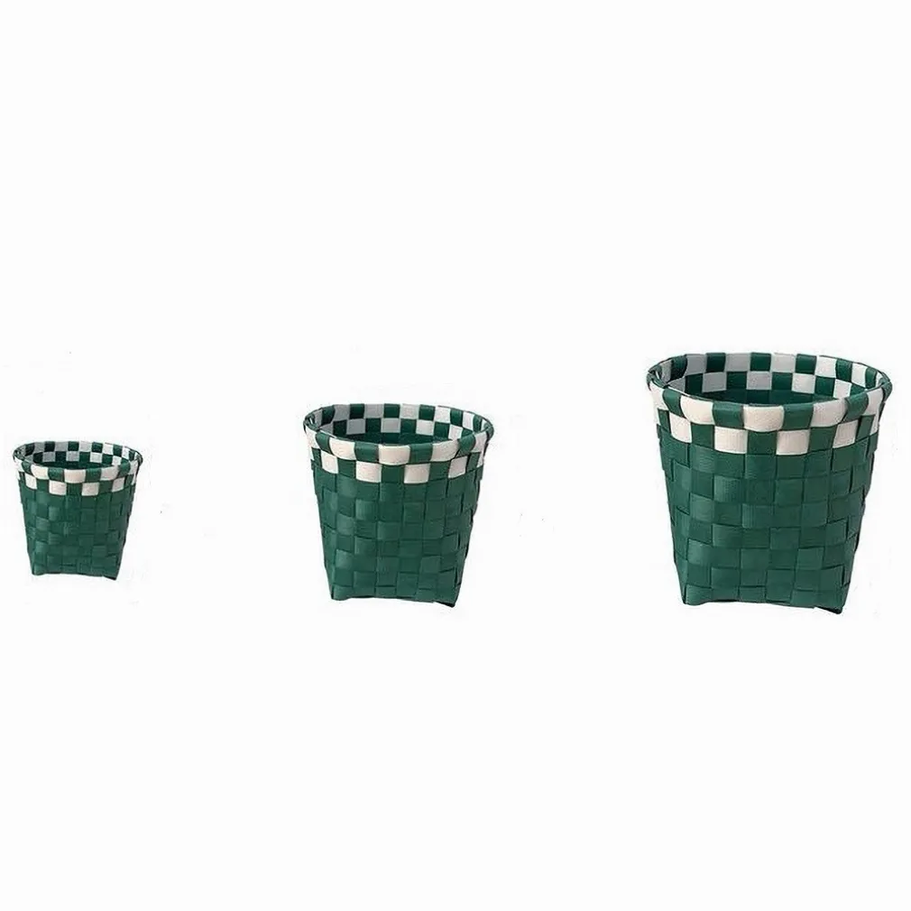 SET 3 CESTINI PORTA OGGETTI ORGANIZER TESSUTO BAGNO ROTONDI VERDE BIANCO 59078