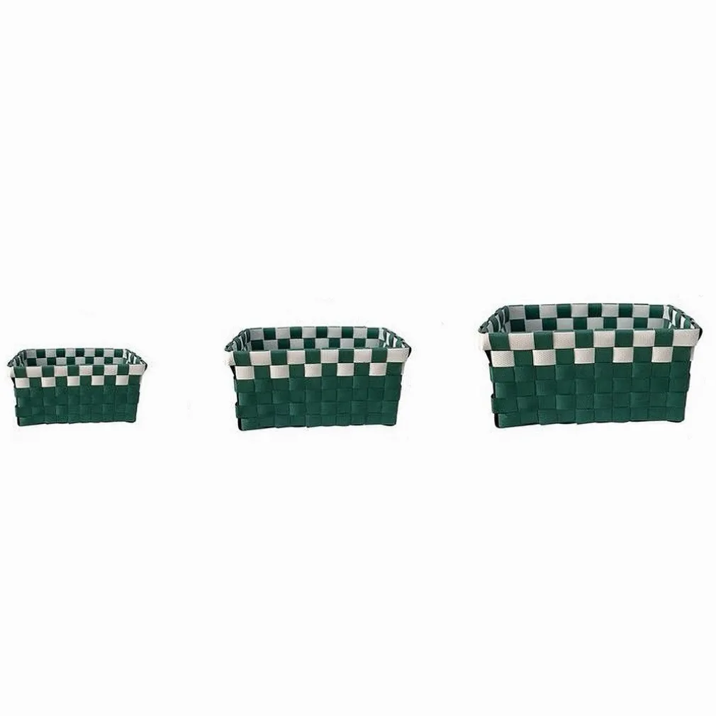 SET 3 CESTINI PORTAOGGETTI ORGANIZER TESSUTO BAGNO RETTANGOLARI VERDE BIANCO 59084