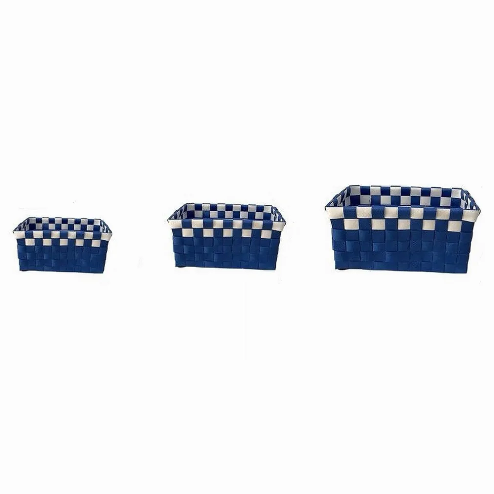 SET 3 CESTINI PORTAOGGETTI ORGANIZER TESSUTO BAGNO RETTANGOLARI BLU BIANCO 59082