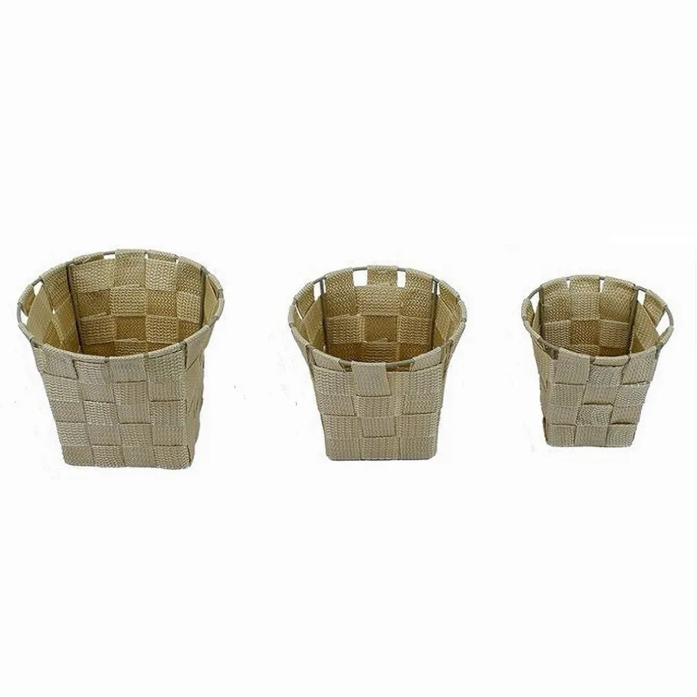 SET 3 CESTINI ROTONDI PORTA OGGETTI IN TESSUTO BEIGE PER BAGNO CASA CUCINA 79045