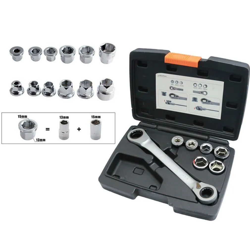 SET 7 CHIAVE A CRICCHETTO REVERSIBILE ESAGONALI 14-19MM 5 INNESTI 6-19MM