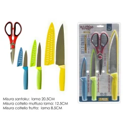 SET 3 COLTELLI CHEF FRUTTA MULTIUSO CON COPRILAMA + FORBICI IN ACCIAIO UTENSILI DA CUCINA