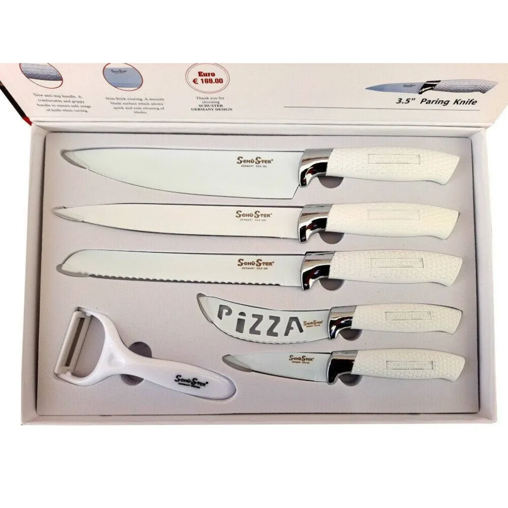 SET 5 COLTELLI DA CUCINA IN ACCIAIO MANICO ANTISCIVOLO + PELAPATATE WHITE