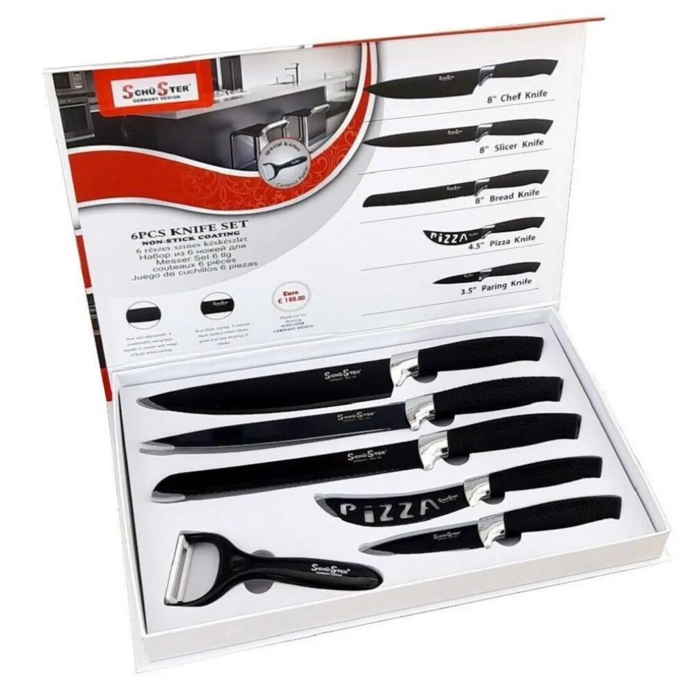 SET 5 COLTELLI NERI DA CUCINA IN ACCIAIO MANICO ANTISCIVOLO + PELAPATATE BLACK
